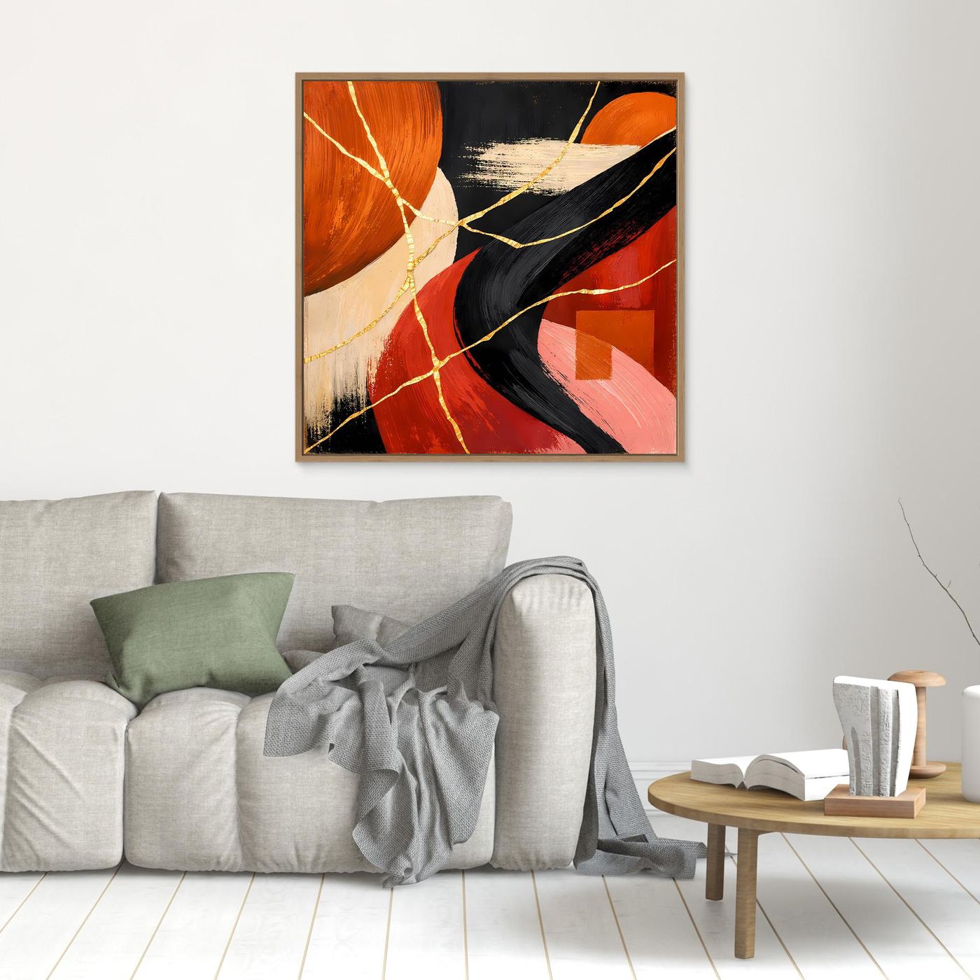 Abstraktes Leinwand-Wandbild mit Goldaderlinien, rot-schwarz-orange, goldbrauner Rahmen