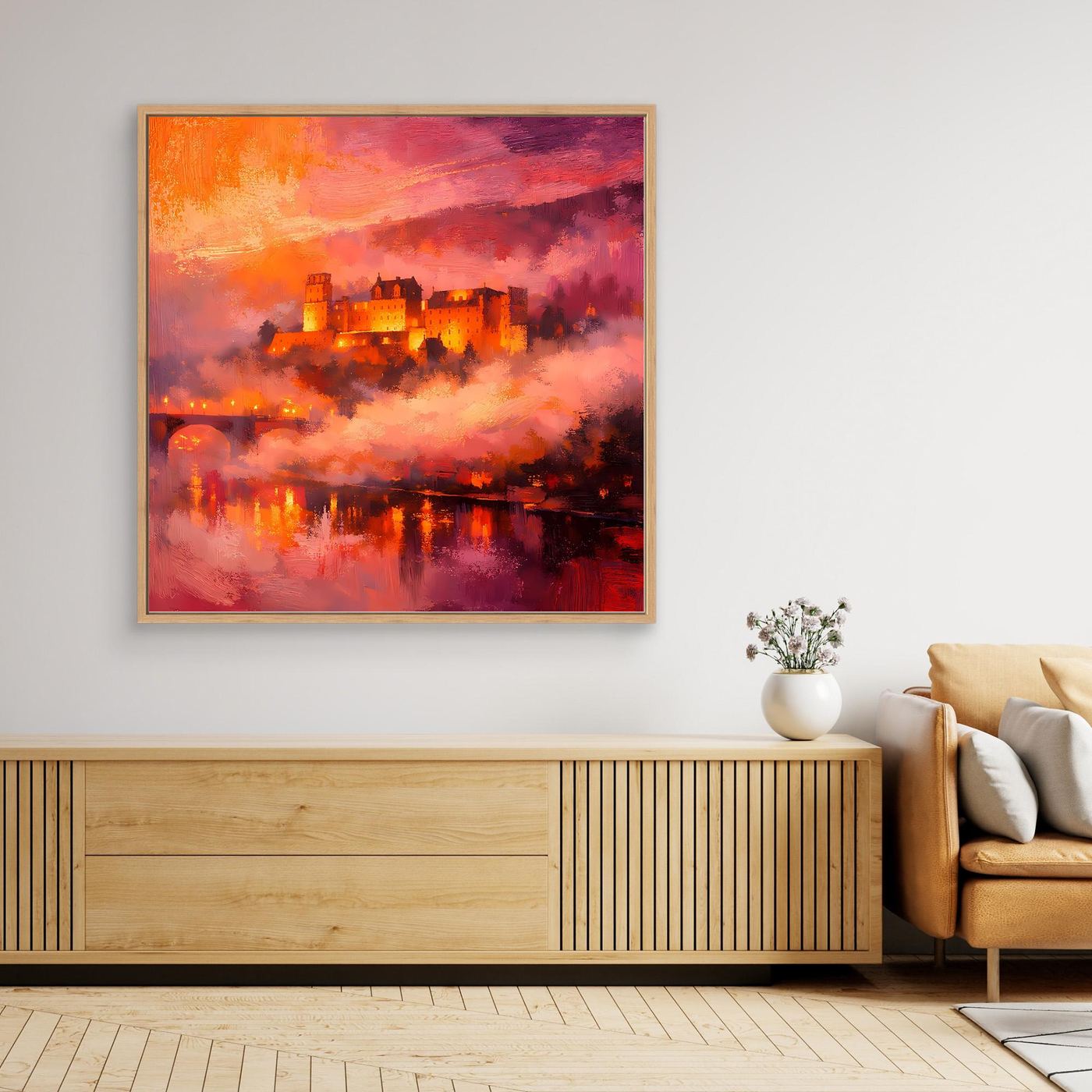 Premium Leinwand Imposantes Schloss im Abendrot | Abstraktes Castle Wandbild in feurigen Farben