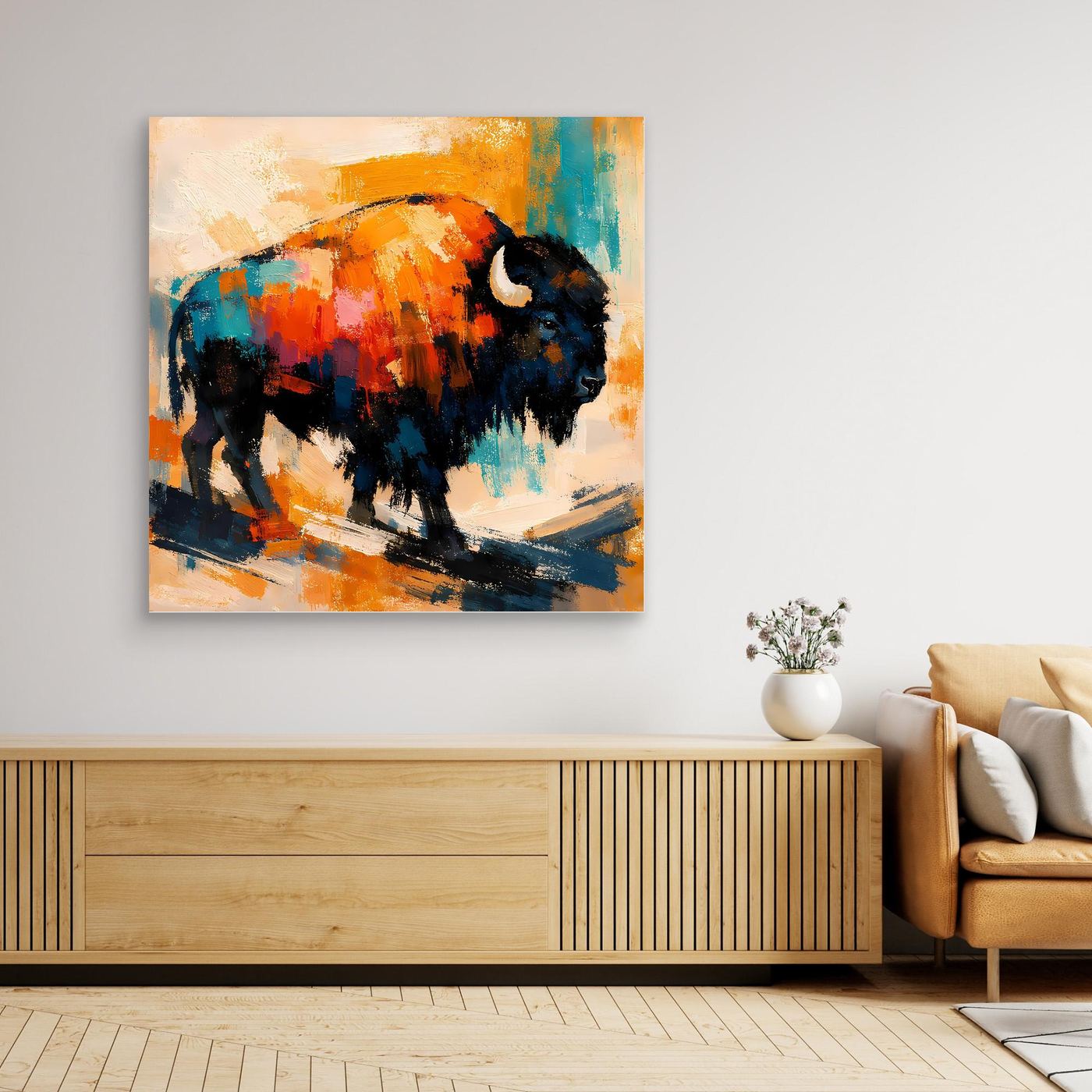 Abstract bison wall art print with orange, teal, and black brushwork, unframed
