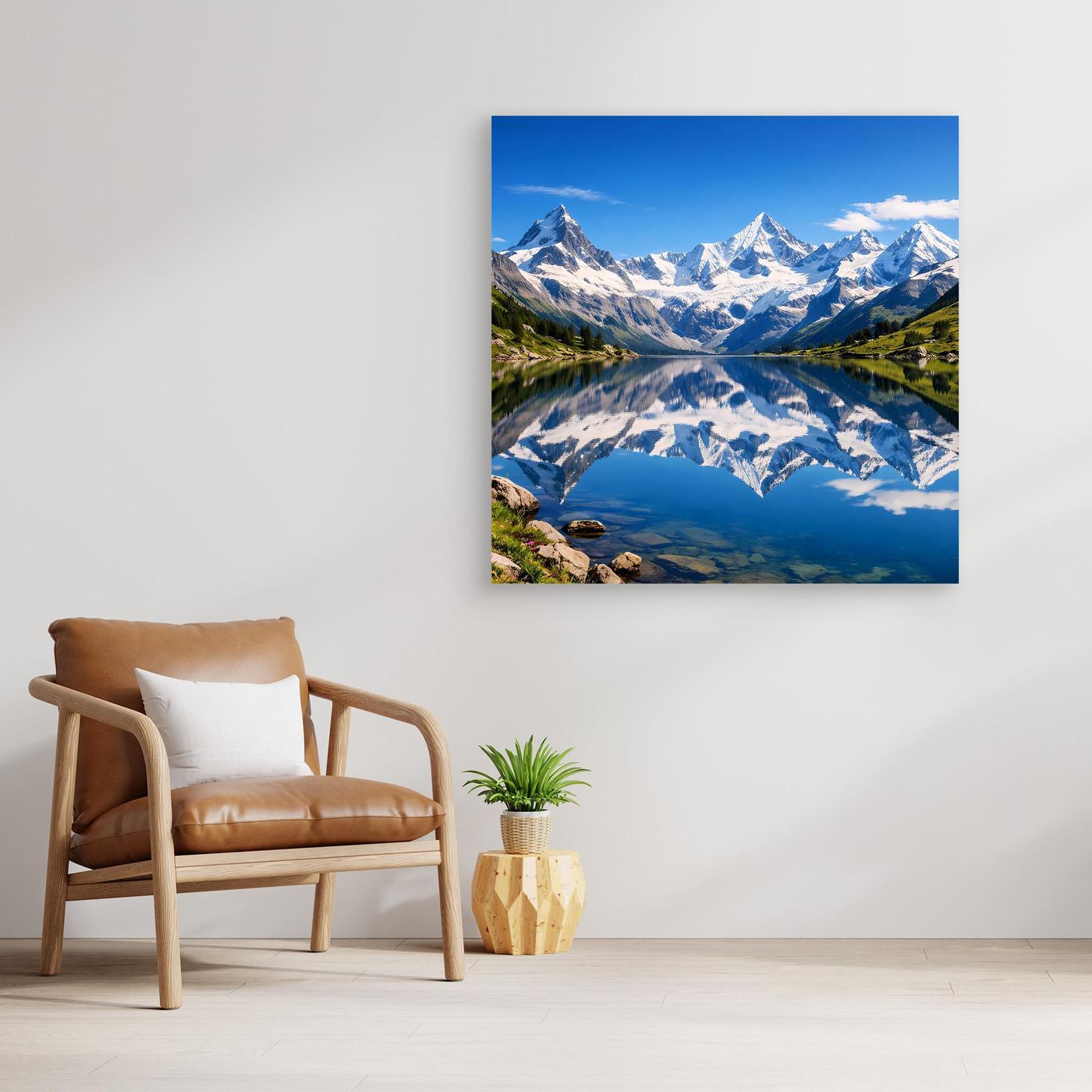 Leinwandbild mit Bergsee und Bergkette, Alpen-Spiegelung in Blau und Grün