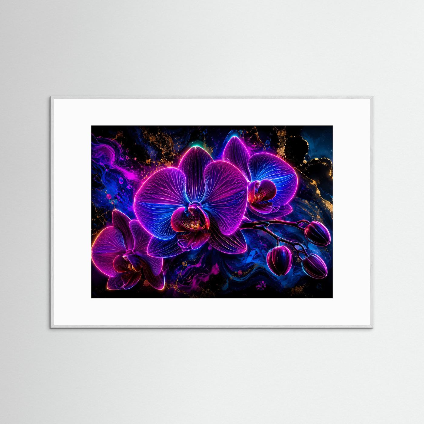 Neon Orchideen Poster | Leuchtende Orchideen in Pink Blau | Moderne Abstrakte Blumen Wandkunst mit Gold Akzenten