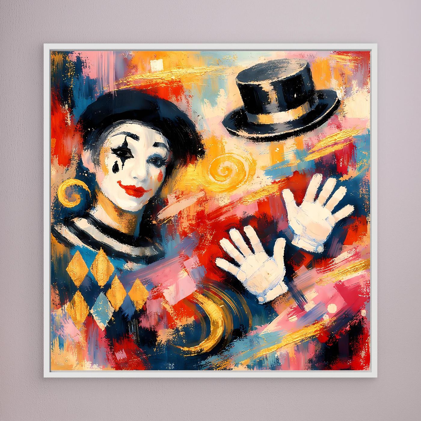 Leinwandbild: abstrakter Clown mit Zylinderhut und wehenden Händen in Blau-Rot, weiß gerahmt