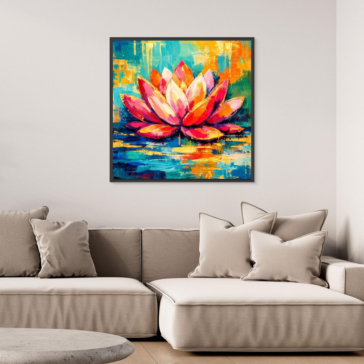 Abstraktes Lotus-Leinwandbild mit bunten Blüten, mit dunklem Rahmen