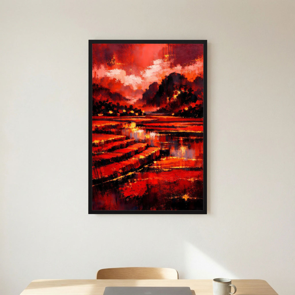 Kunstposter Hochformat mit schwarzem Rahmen, abstrakte Rot-Schwarz-Landschaft am Fluss