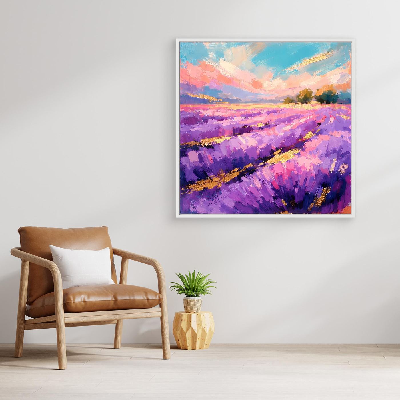Gerahmtes Leinwandbild mit violettem Lavendelfeld und blau-rosa Wolken