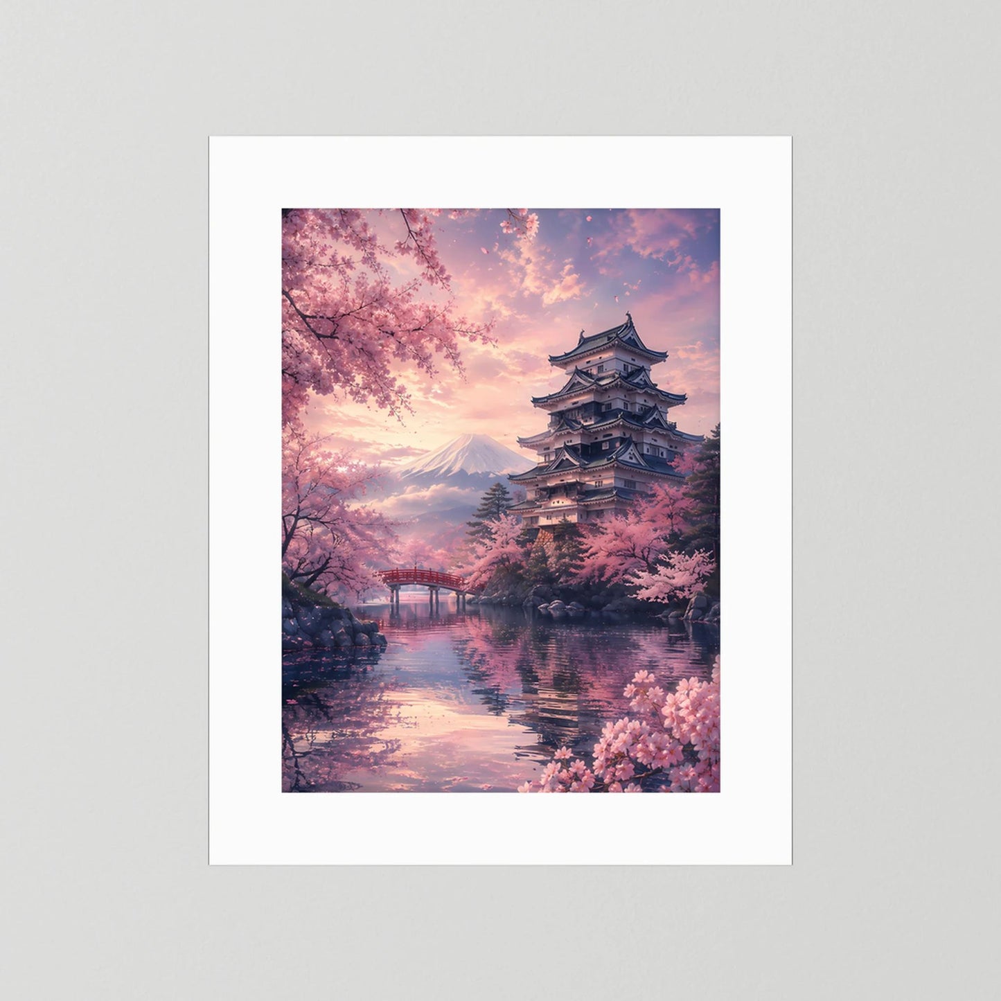 Hochformatiges Poster mit Sakura, Tempelpagode und Bergsilhouette mit weißem Rand