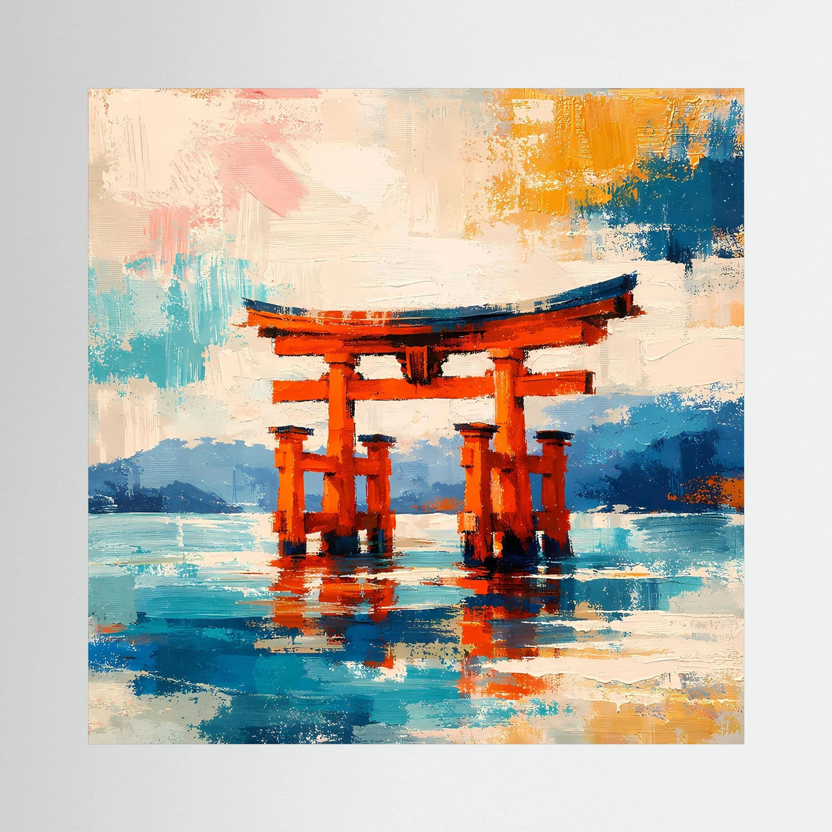 Abstraktes Leinwandbild: orangefarbenes Torii-Tor über blauem Wasser, sichtbare Pinselstruktur
