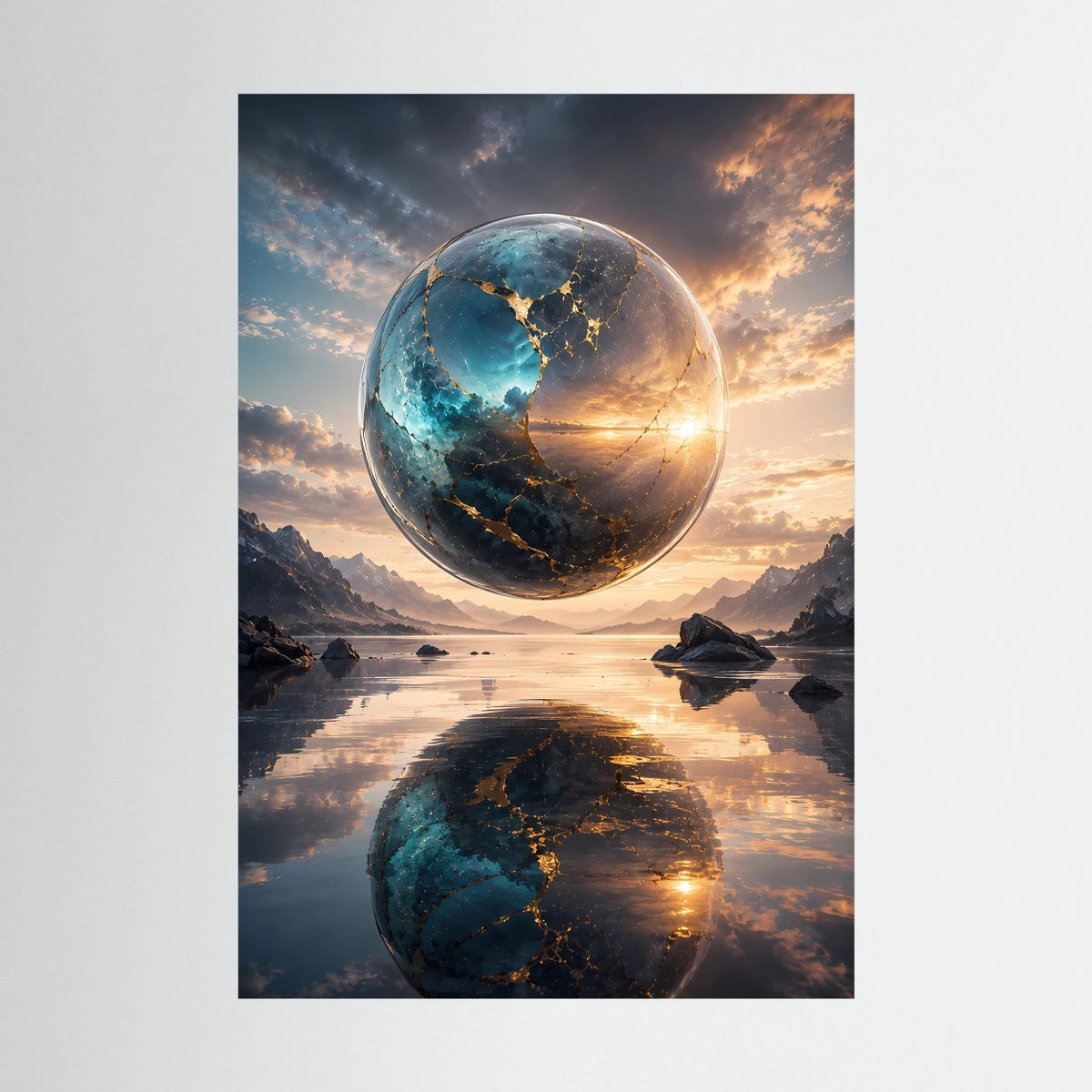 Hochformatiges Poster mit schwebender Erdkugel in Blau und Gold, inkl. Wasserreflexion