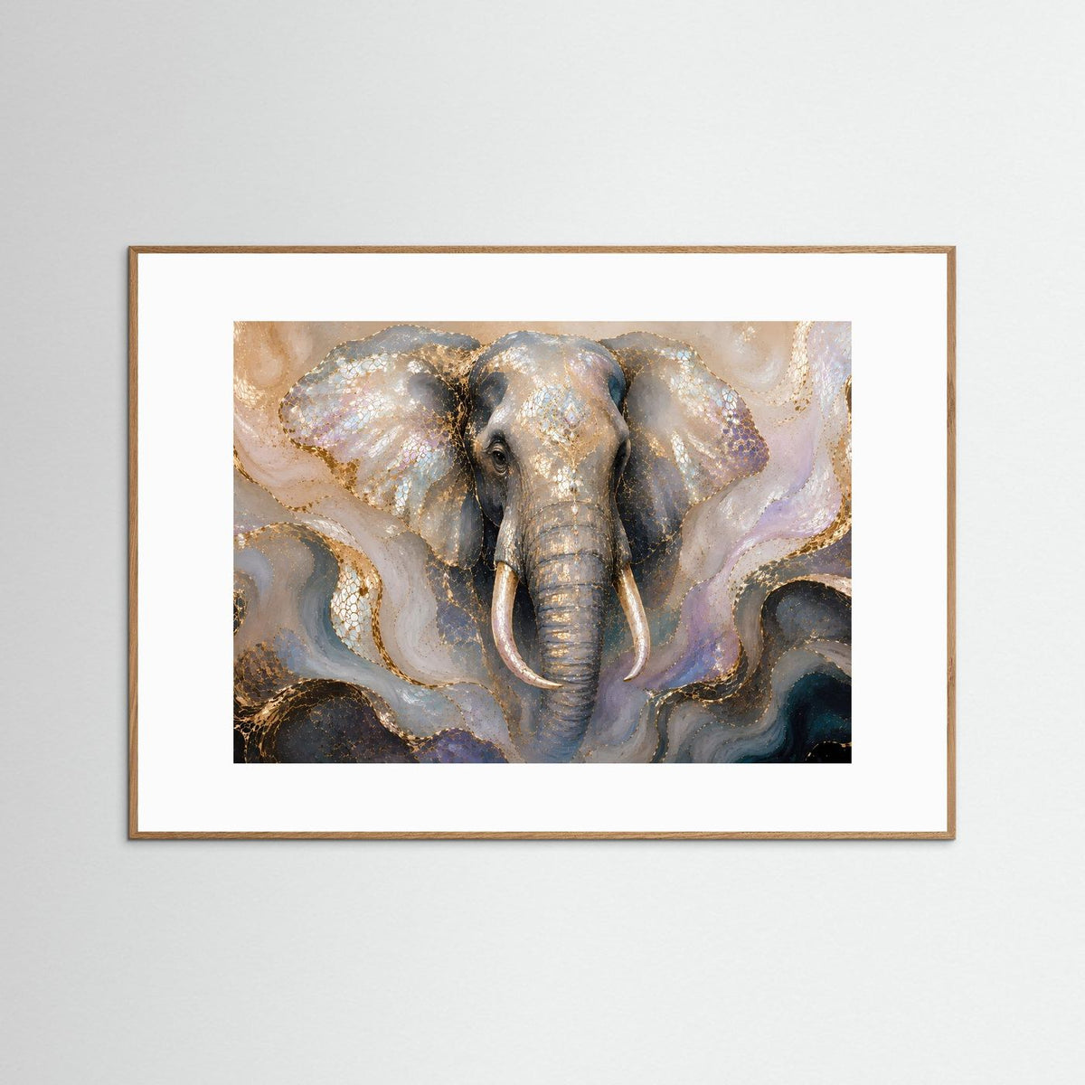 Querformat-Poster mit Elefant im Perlmutt-Look, in rosafarbenem Holzrahmen und weißer Einfassung