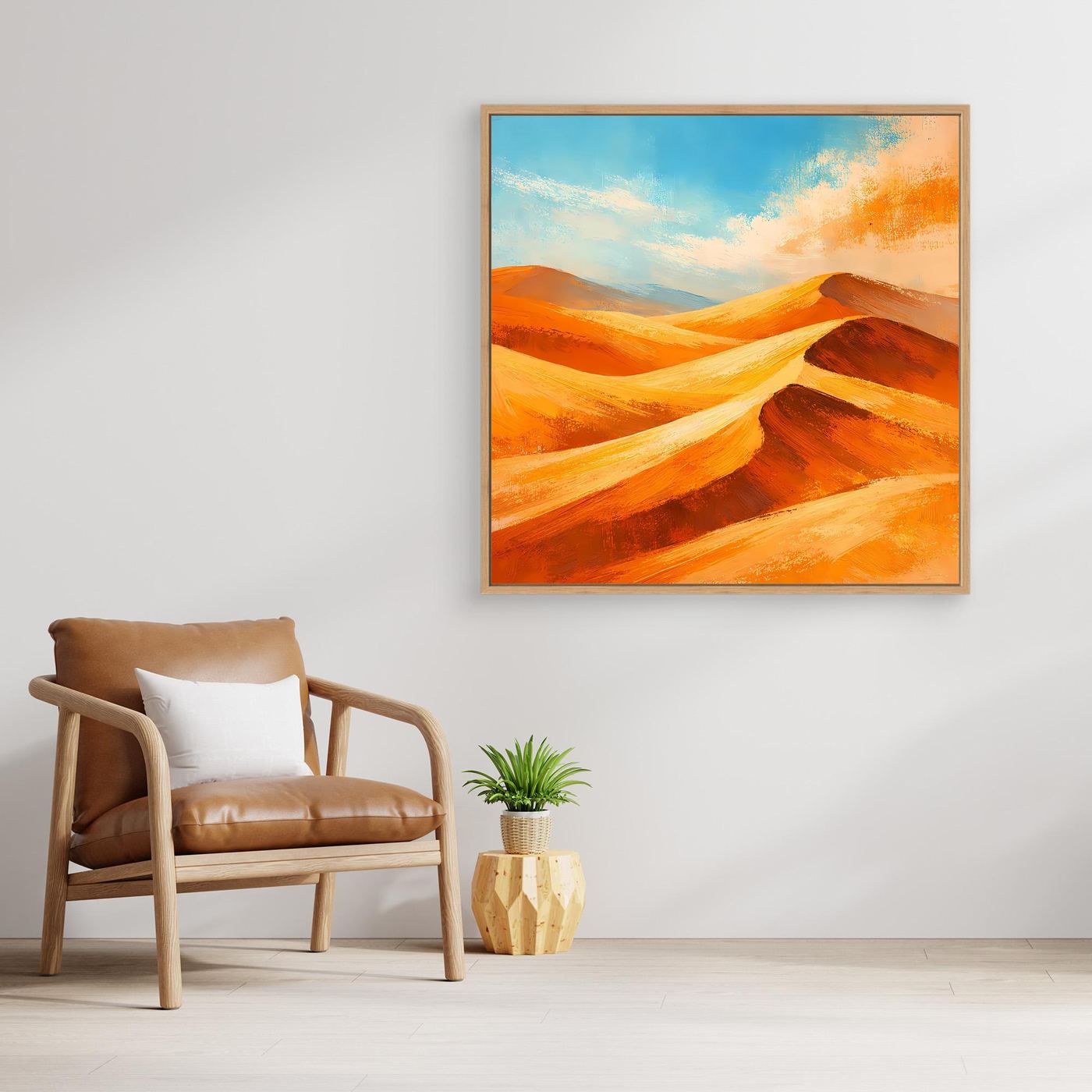 Abstract desert dunes canvas wall art with orange and gold tones, light wood frame