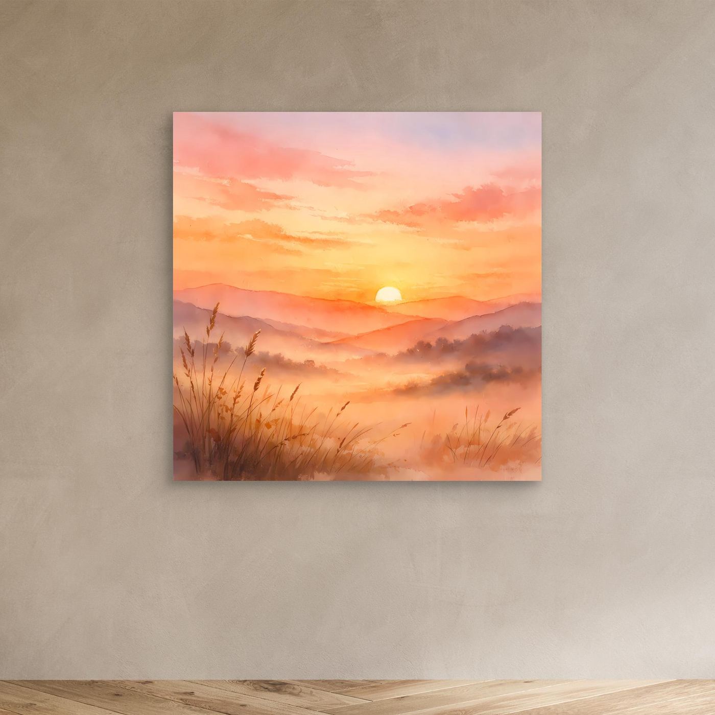Leinwandbild Sonnenuntergang in den Bergen mit Nebel und Gräsern, warmes Aquarell