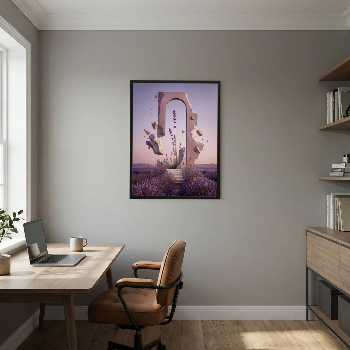 Hochformat-Poster mit Lavendel-Portalmotiv im schwarzen Rahmen an der Wand über dem Büroplatz