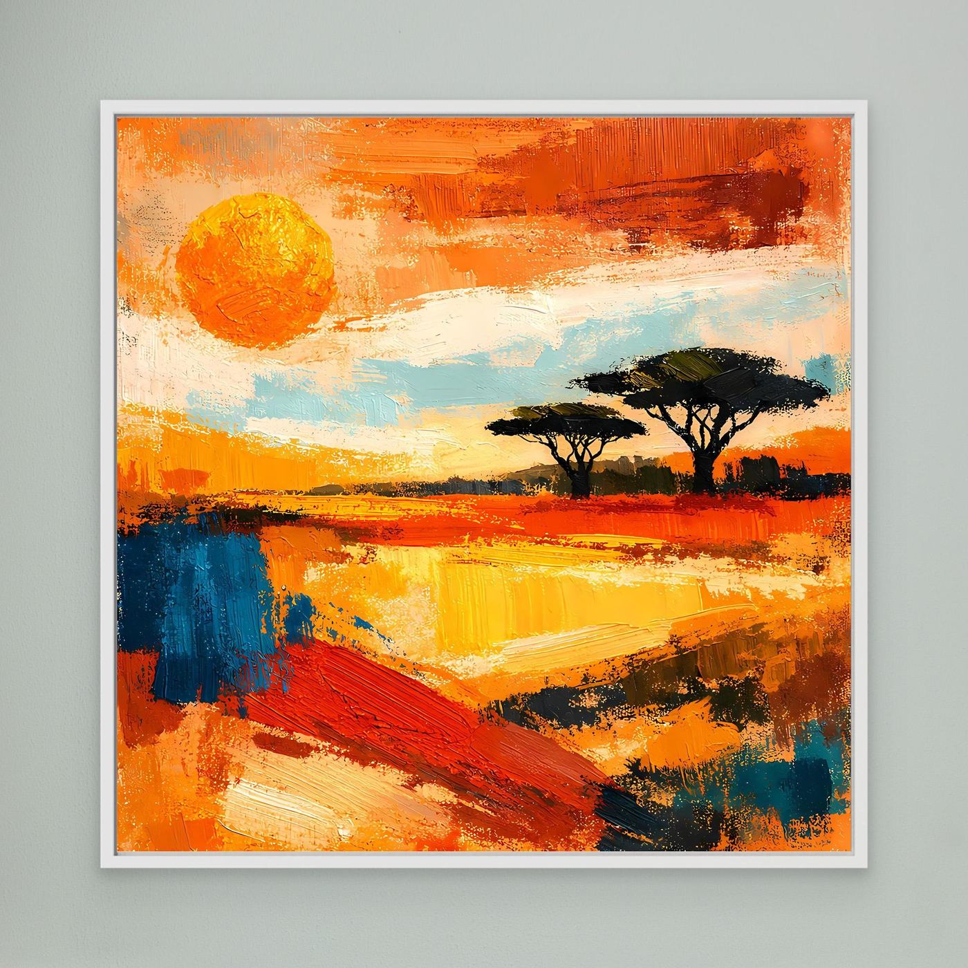 Abstract savanna sunset canvas wall art with white border frame and orange sky.