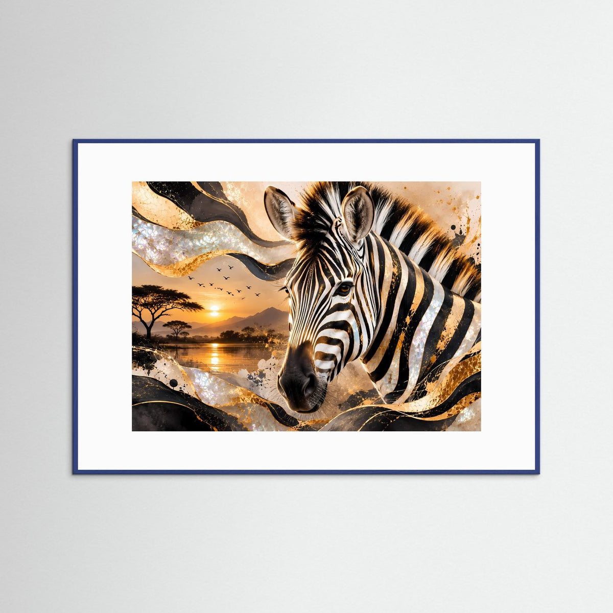 Gerahmter Zebra-Druck mit goldenen Akzenten und Safari-Landschaft, blauer Rahmen