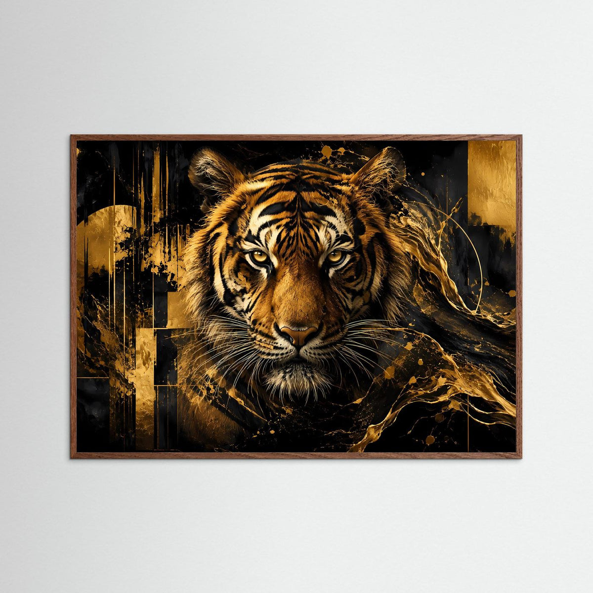 Poster im Querformat mit Tiger in Schwarz und Gold, mit dunklem Eichenrahmen