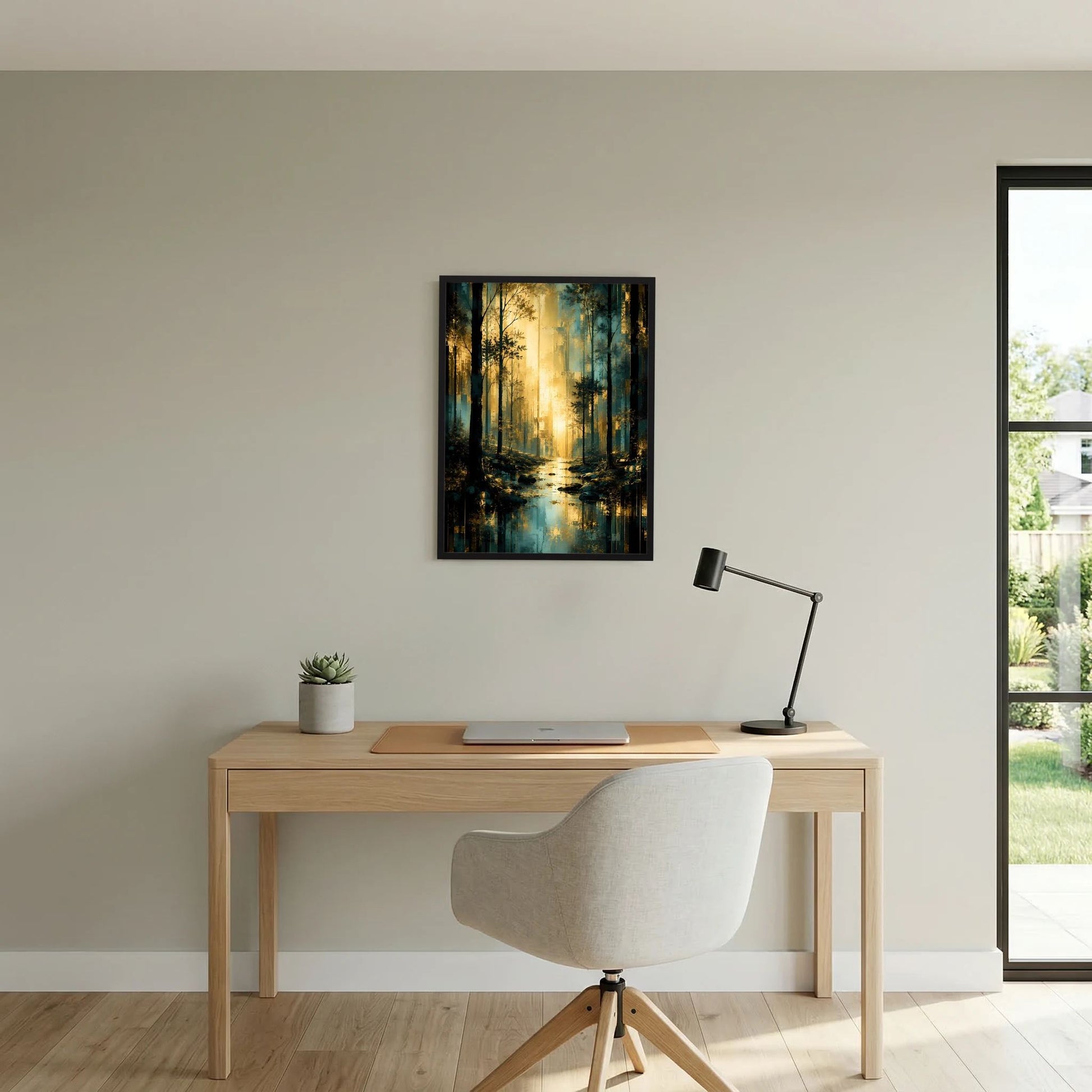 Waldlandschaft-Poster im Hochformat: türkisfarbener Wald und goldene Lichtung, schwarzer Rahmen