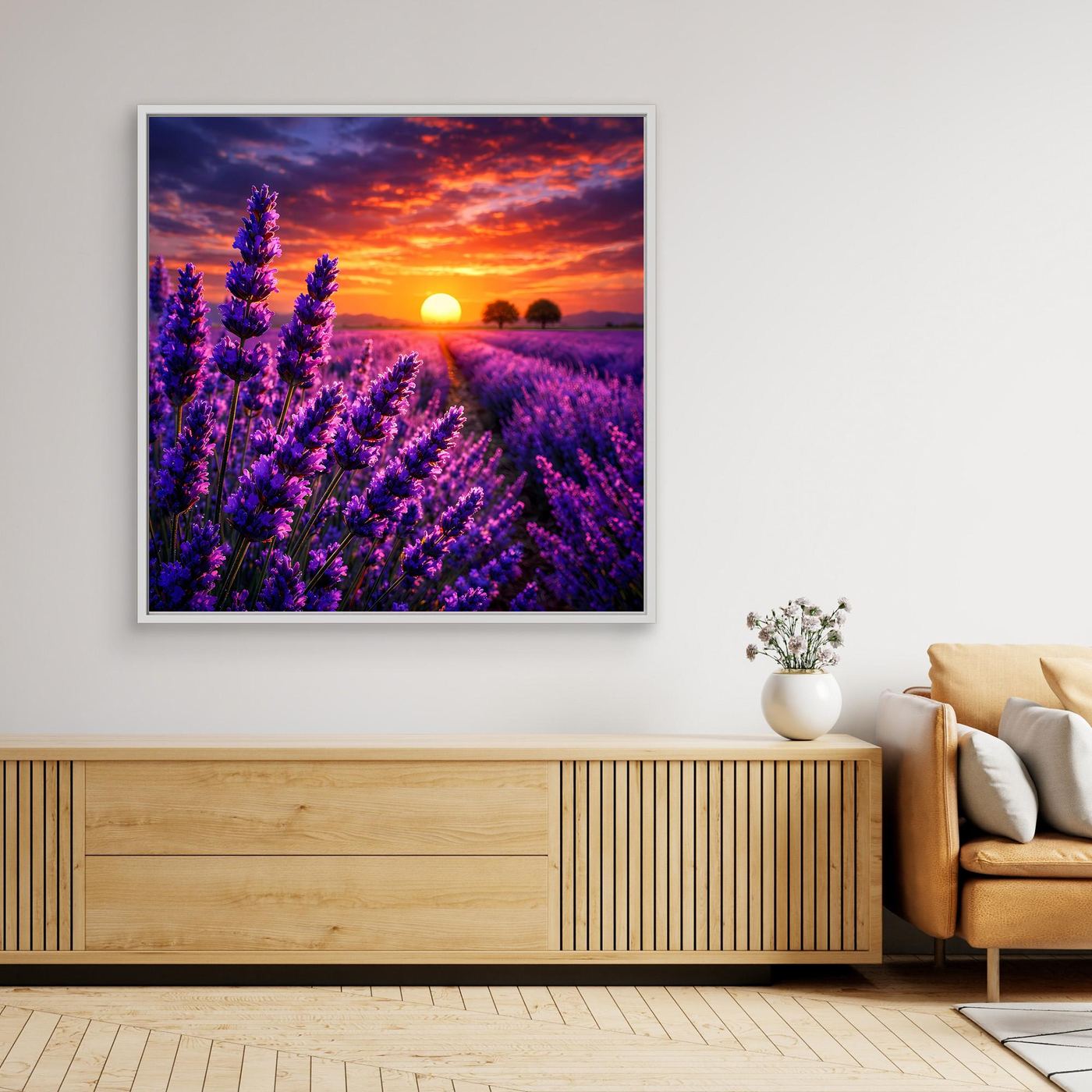 Wandbild mit Lavendelfeld und Sonnenuntergang, rechteckiger Rahmen in Weiß