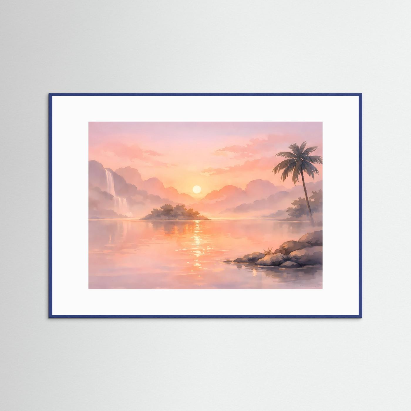 Poster im Querformat mit Pastell-Sonnenaufgang über See und Palme, blau gerahmt