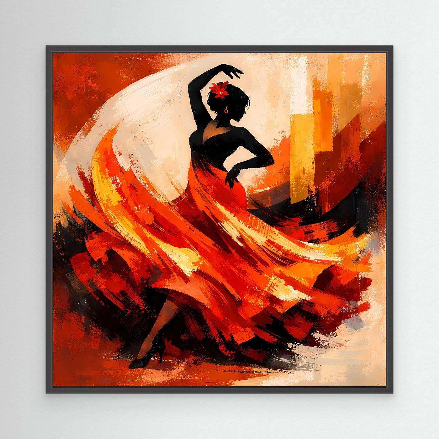 Leinwandbild Flamenco-Tänzerin mit schwarzem Rahmen, rote und gelbe Farbflächen