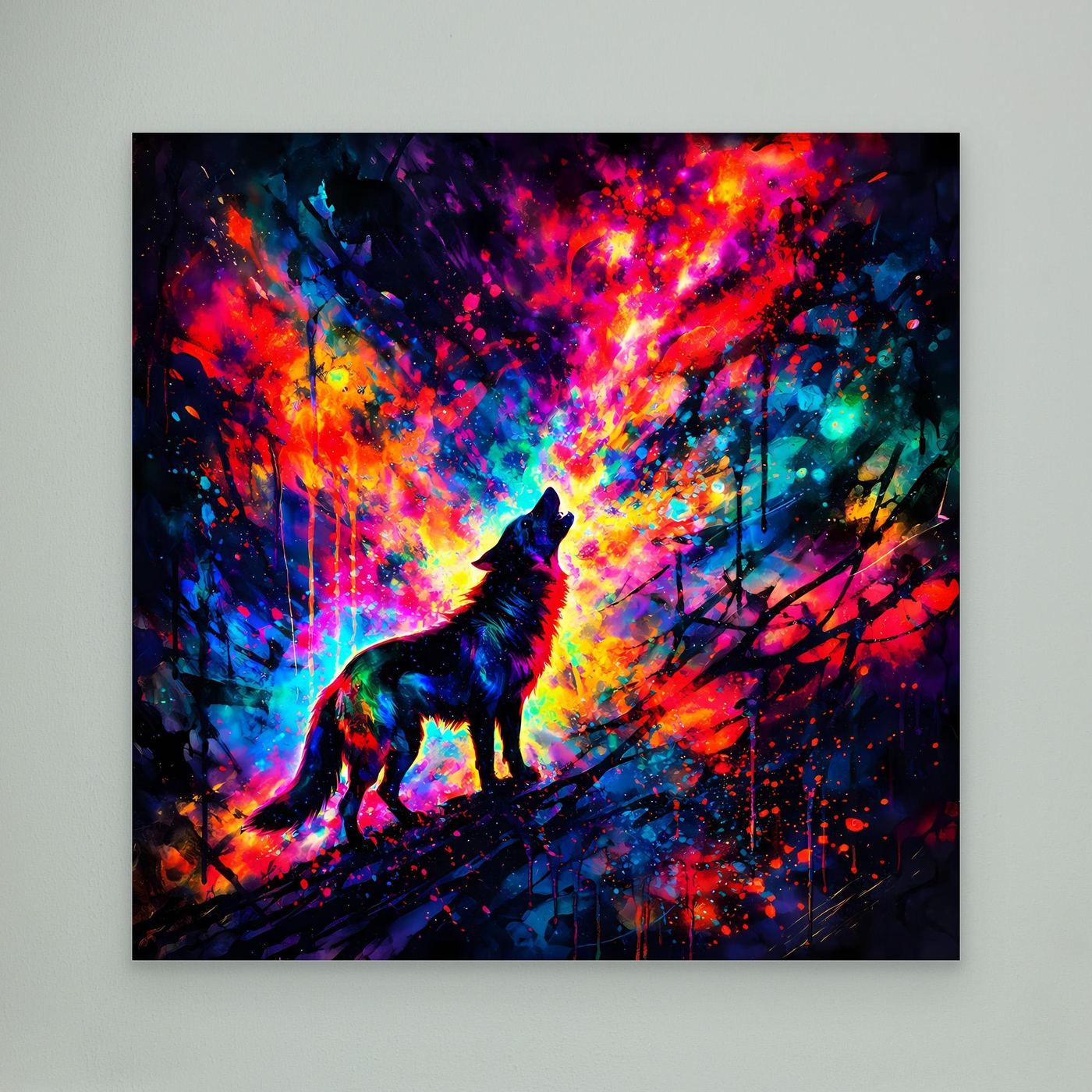 Leinwandbild mit heulendem Wolf als Silhouette, buntes abstraktes Farbenmeer, ohne Rahmen
