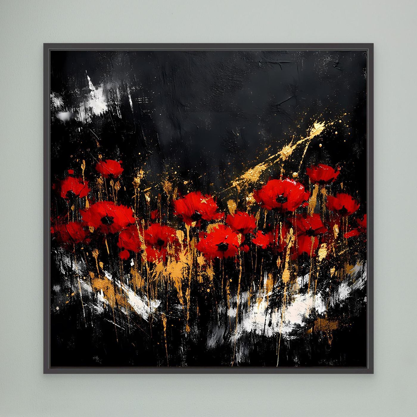 Leinwand Rote Mohnblumen mit Gold-Akzenten | Modernes Florales Wandbild Abstrakt