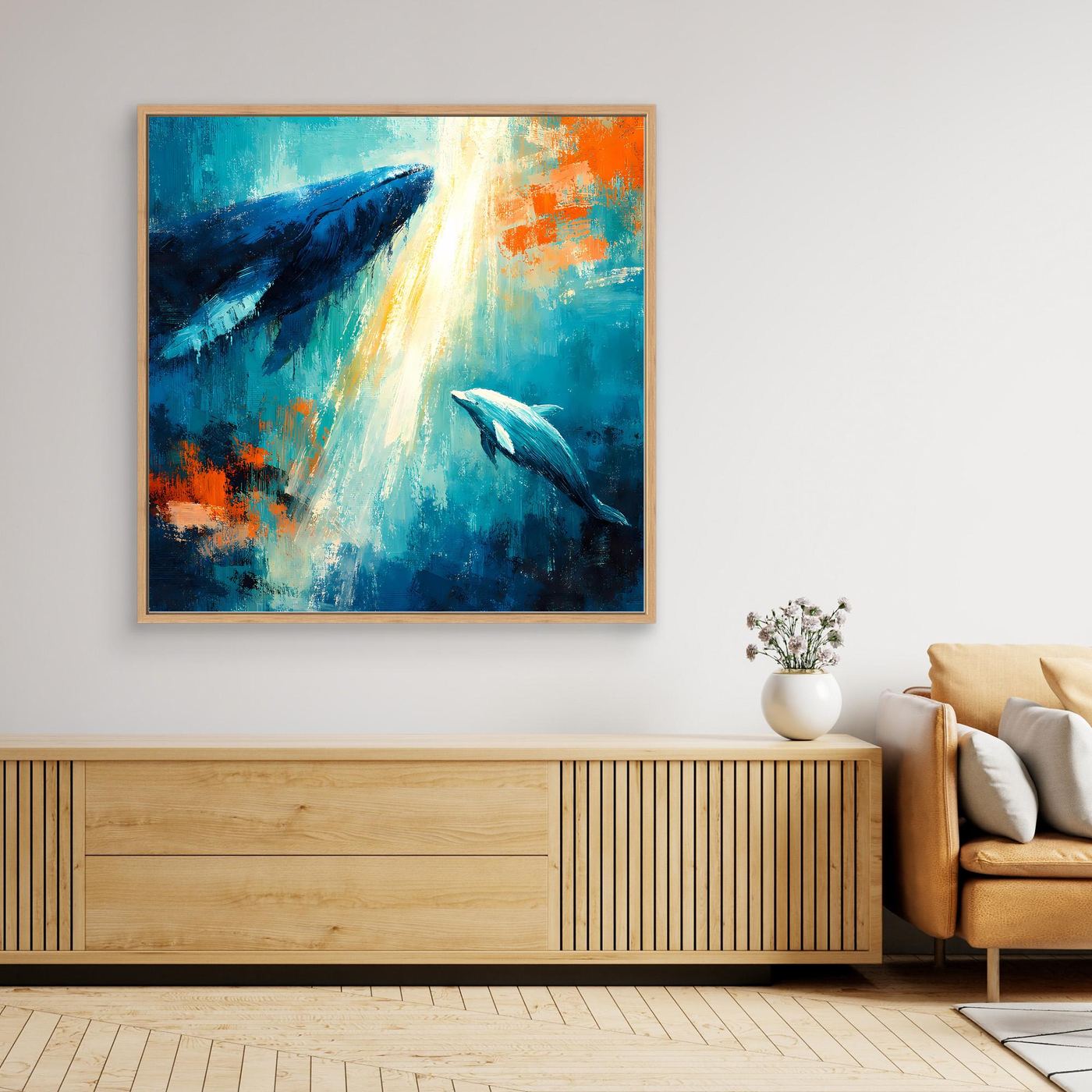 Leinwand Majestätischer Wal und Delfin im Lichtstrahl | Abstraktes Meeres Wandbild