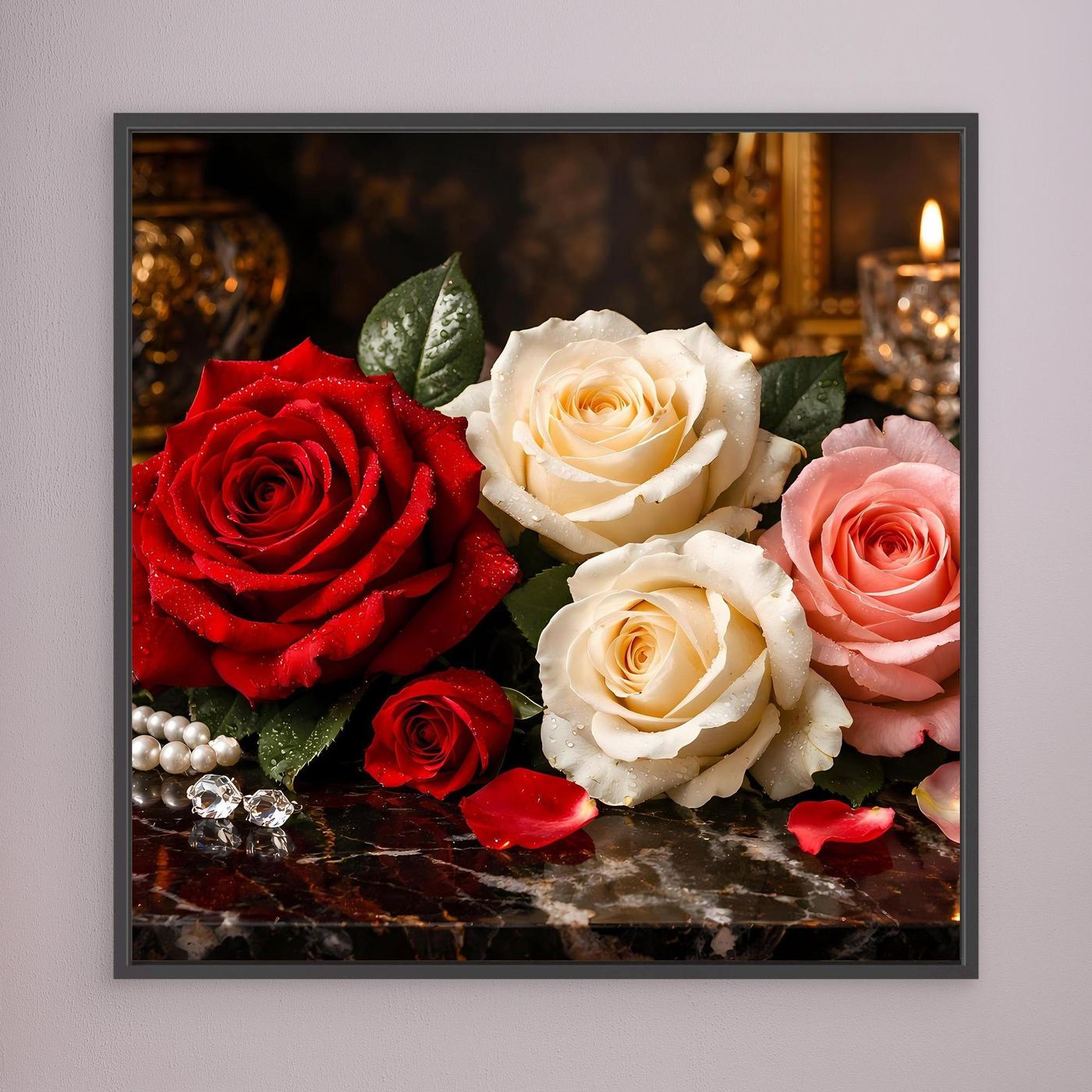 Gerahmtes Leinwandbild mit Rosenstillleben: rote, weiße und rosafarbene Rosen, schwarzer Rahmen.