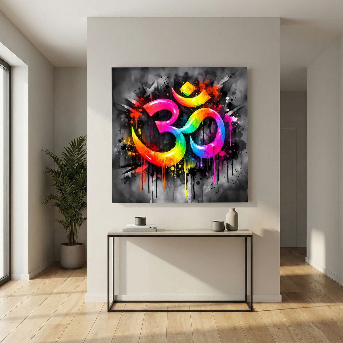 Leinwandbild mit Om-Symbol auf Keilrahmen, leuchtendes Regenbogenmotiv mit Sprühnebel-Effekt.