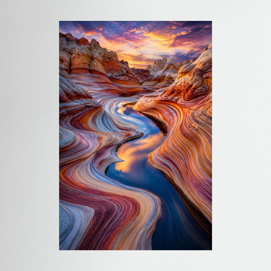 Poster im Hochformat mit Wüstenlandschaft, geschwungenen Felsrinnen bei Sonnenuntergang.