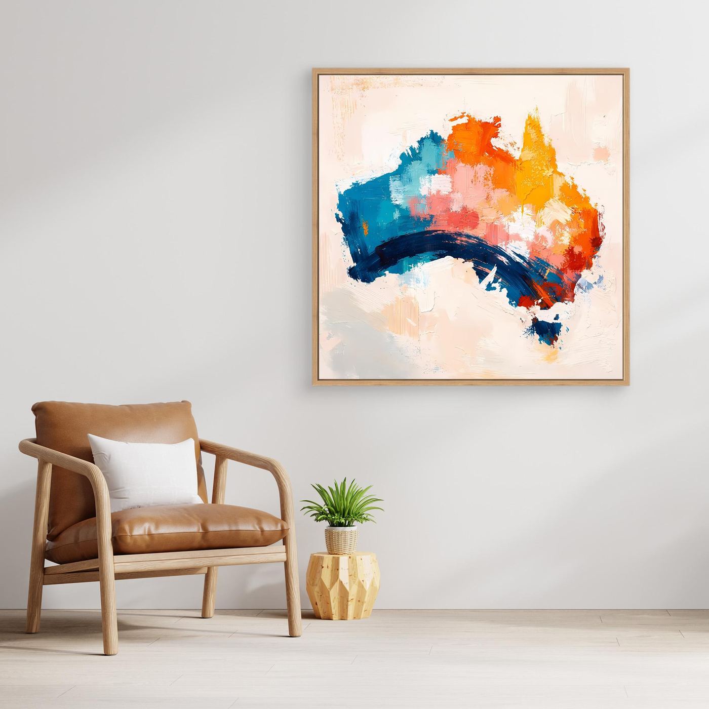 Abstract Australia wall canvas with gold wood frame and blue, orange, yellow brushstrokes
