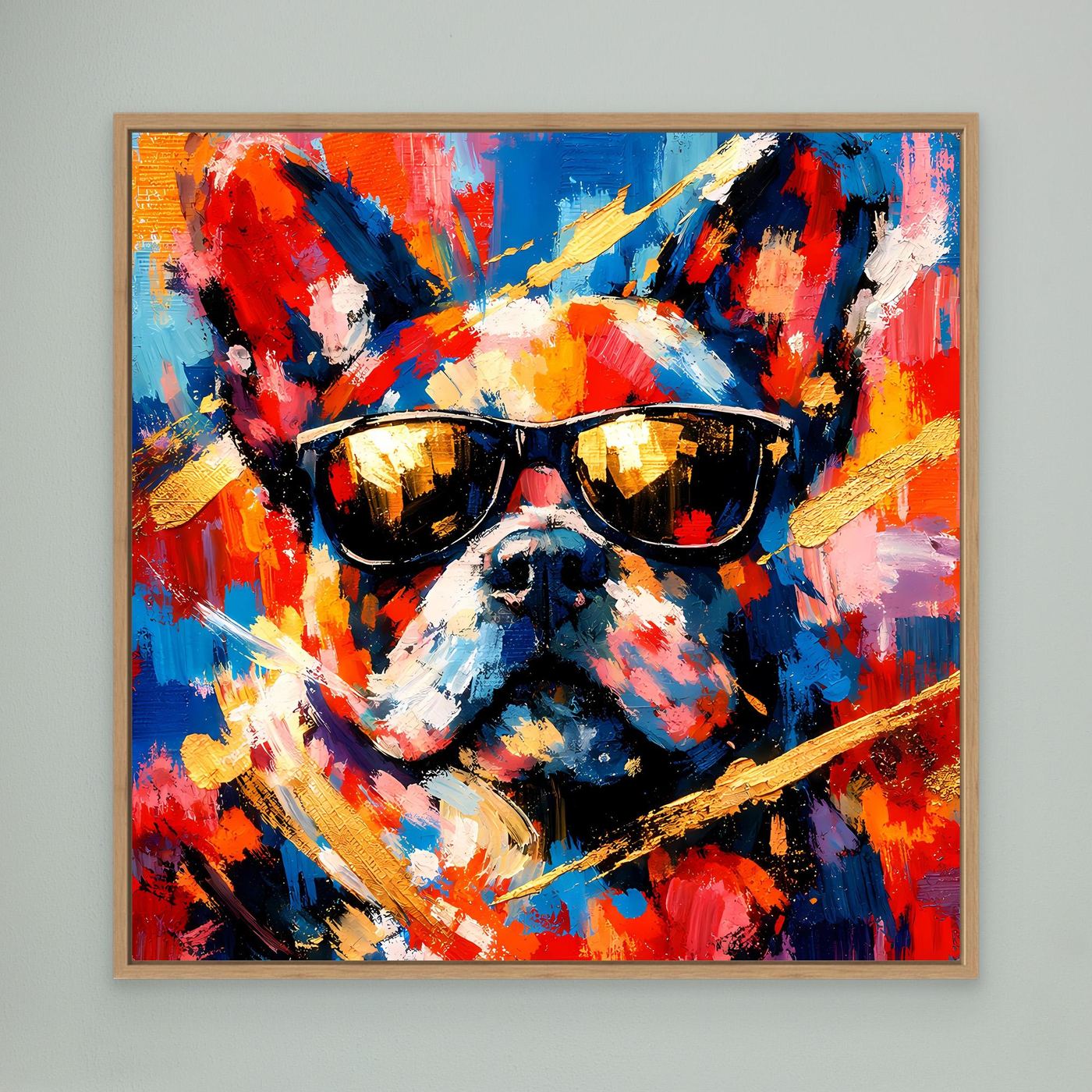 Abstraktes Leinwandbild mit Eichenrahmen: Französische Bulldogge mit Sonnenbrille