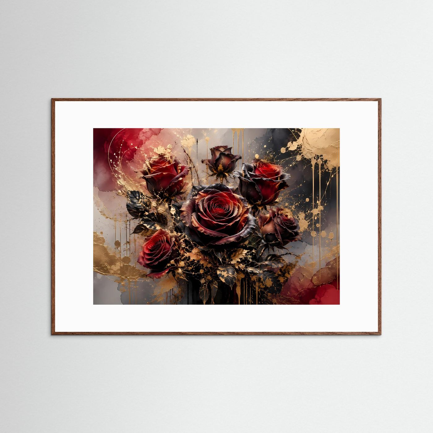 Rosen Poster | Dunkelrote Rosen Wandbild | Elegante Blumenkunst mit Gold | Florale Fine Art | Moderne Wohnzimmer Deko