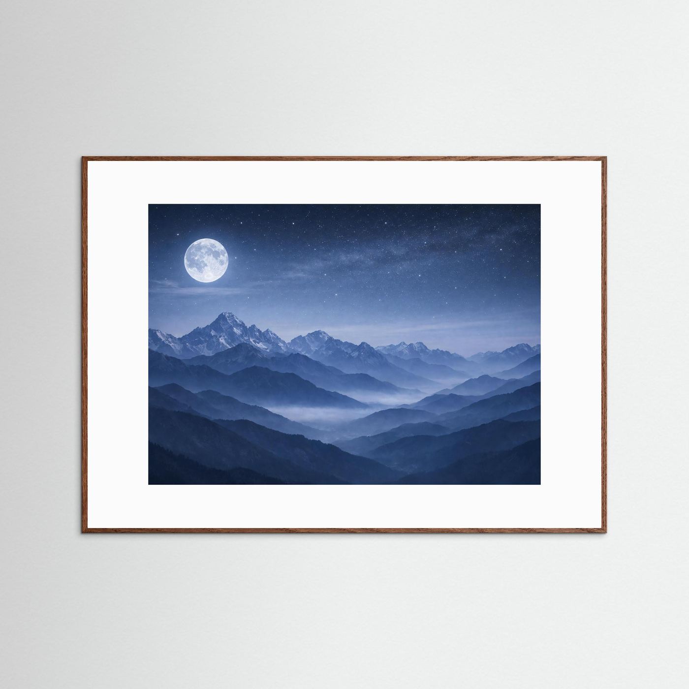 Panorama-Berg-Poster mit Vollmond und Sternenhimmel, brauner Holzrahmen, Querformat