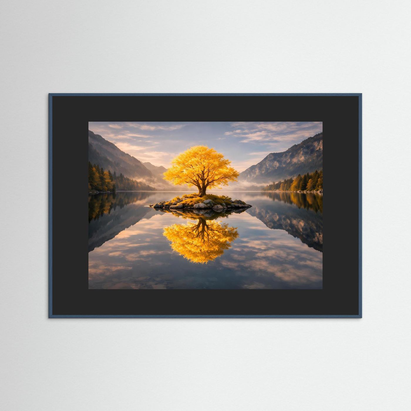 Wandbild mit goldener Baumkrone und Spiegelung im See, graublauer Rahmen