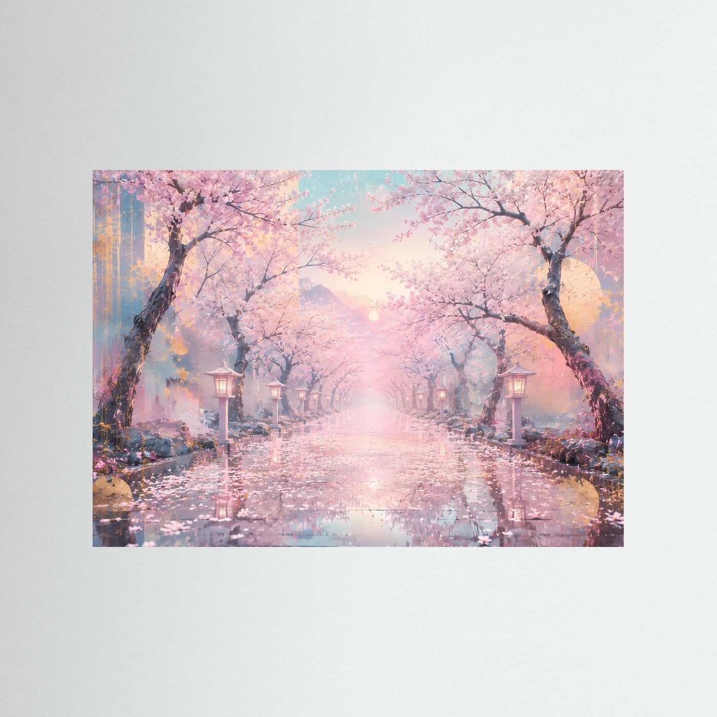 Kirschblütenweg im Morgenlicht | Japanische Sakura Landschaft in Rosa & Gold – Elegante Wandkunst