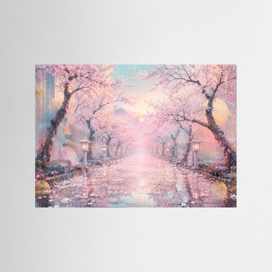 Wandkunst mit Sakura-Weg: rosa blühende Bäume, Laternen und reflektierender Pfadfläche