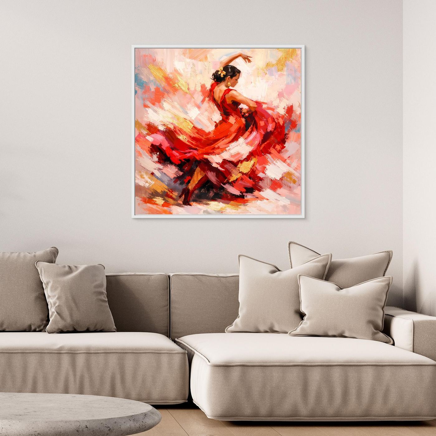 Leinwandbild Flamenco-Tänzerin, rotes Outfit, mit weißem Rahmen