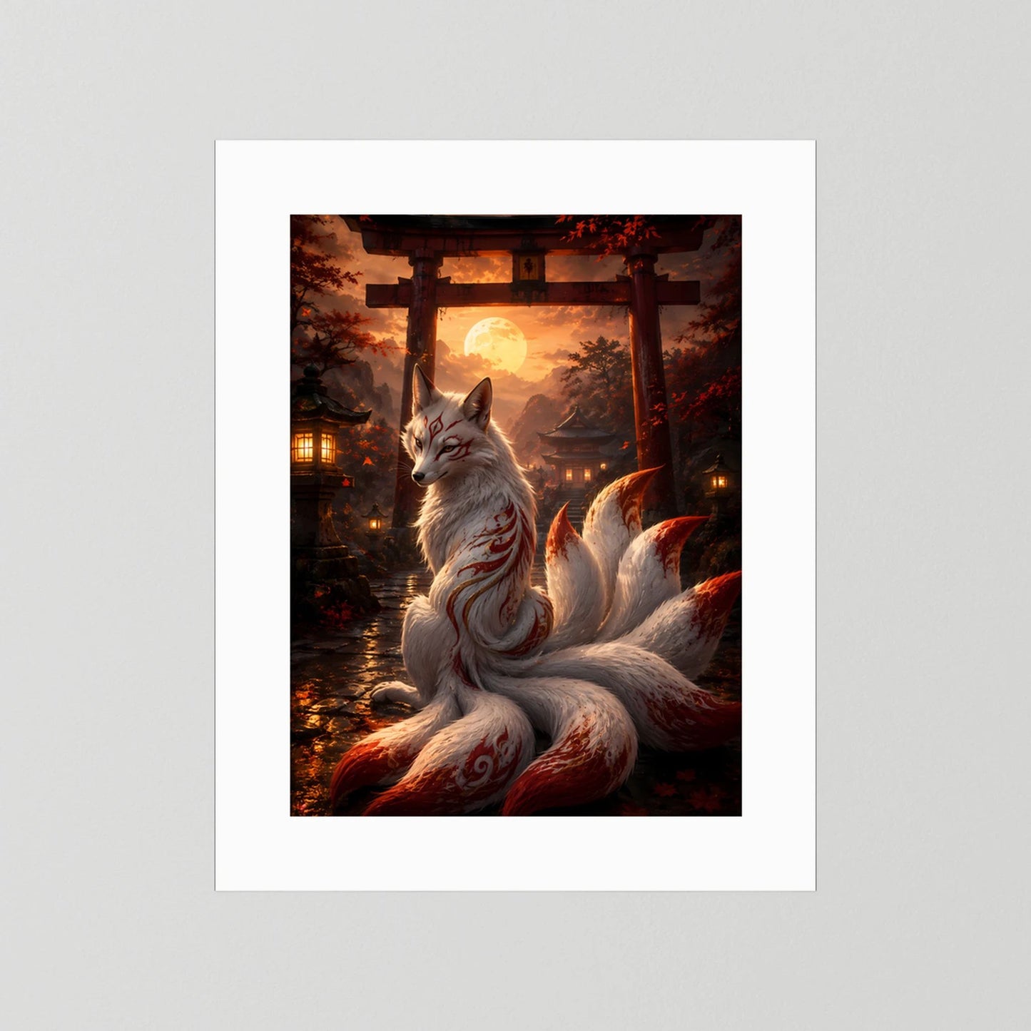 Poster mit weißem Passepartout: Kitsune-Fuchs mit neun Schweifen