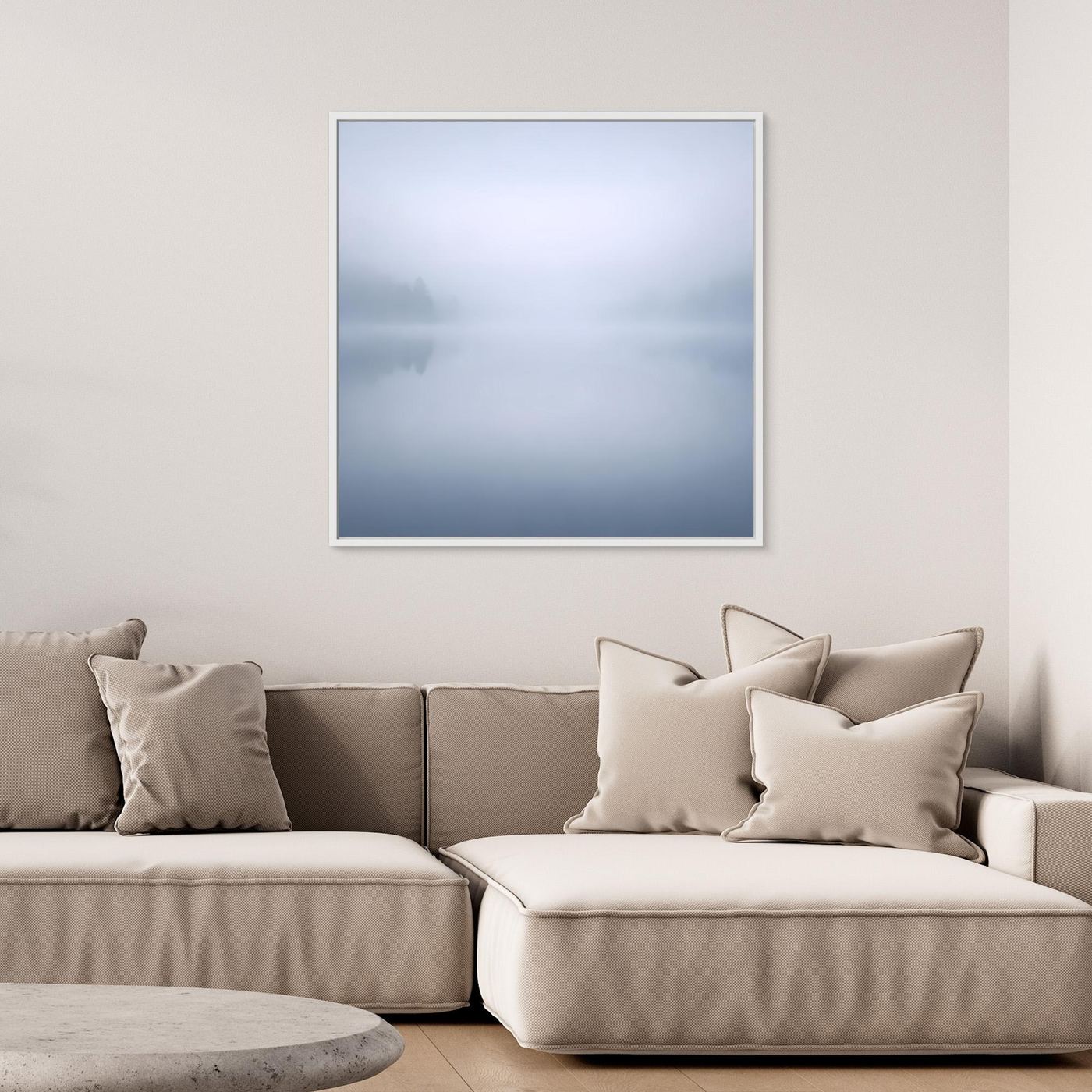 Leinwandbild Nebelsee, quadratisch, weißer Rahmen, Blau-Grau