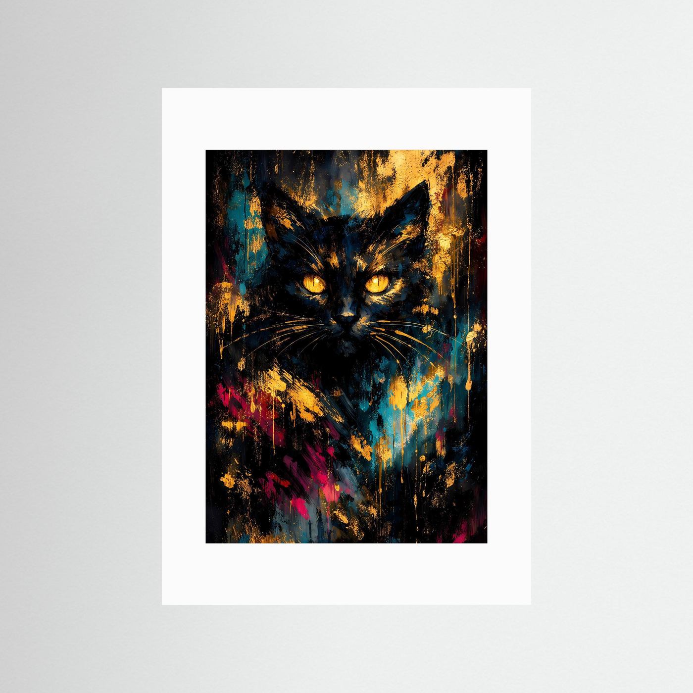 Katzen-Poster ohne Rahmen, abstraktes Katzengesicht in dunklen Spritzfarben, weiß hinterlegt