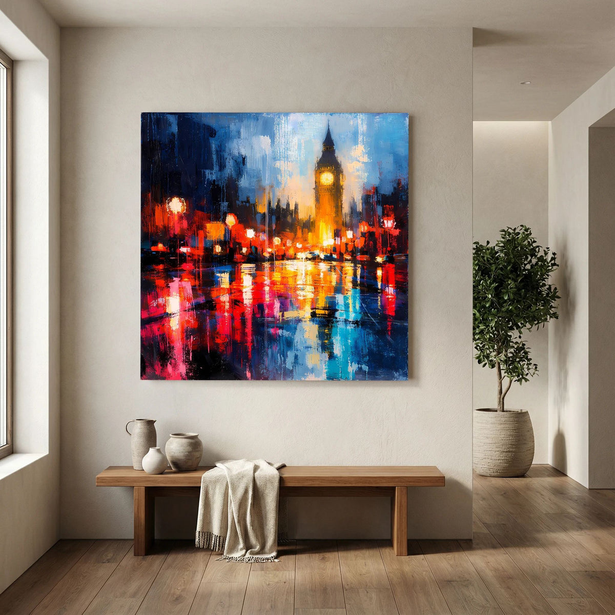 Leinwand Abstraktes Big Ben London Gemälde | Modernes Urbanes Wandbild bei Nacht