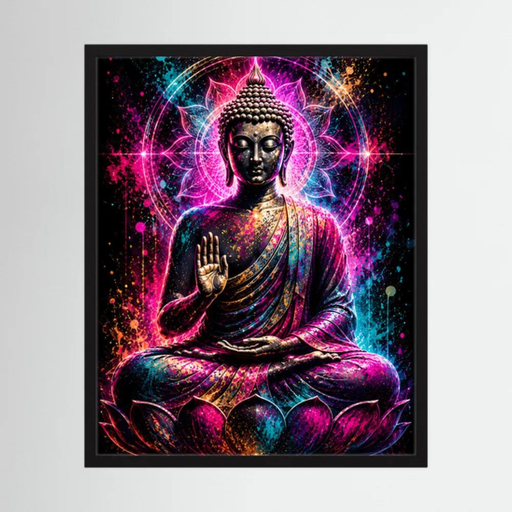 Neon-Buddha-Wandbild mit schwarzem Rahmen: Buddha auf Lotus in Pink/Türkis