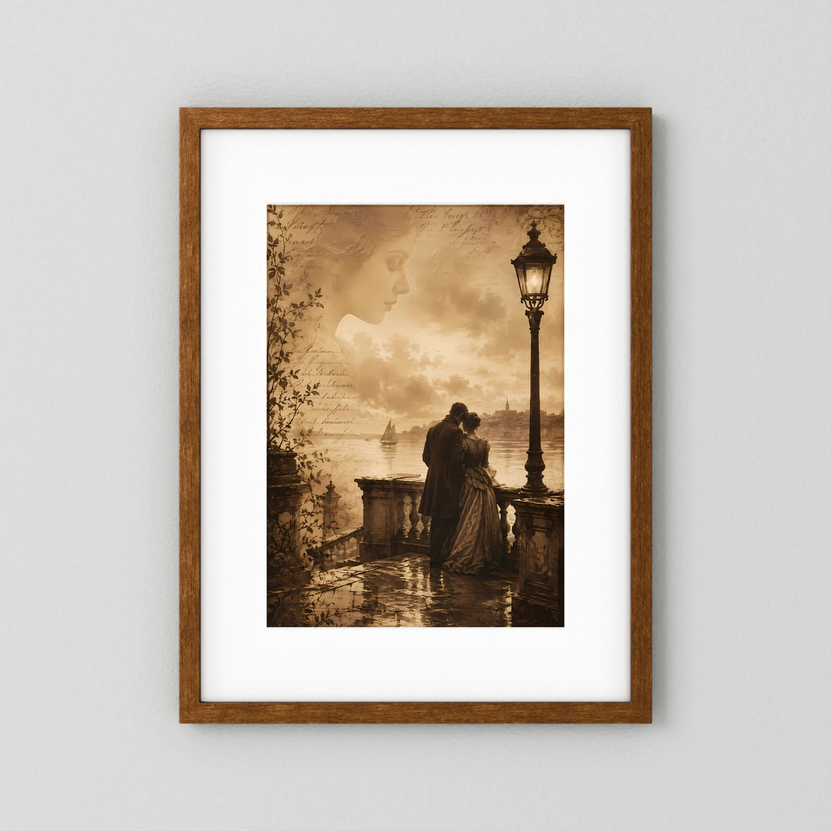 Hochformatiges Poster im braunen Holzrahmen mit weißem Rand: Frau und Mann, Laterne, sepia