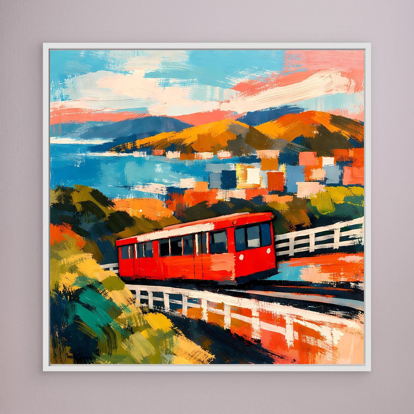 Gerahmtes Wandbild: rote Seilbahn zwischen farbigen Hügeln, mit klaren Bahn-Details