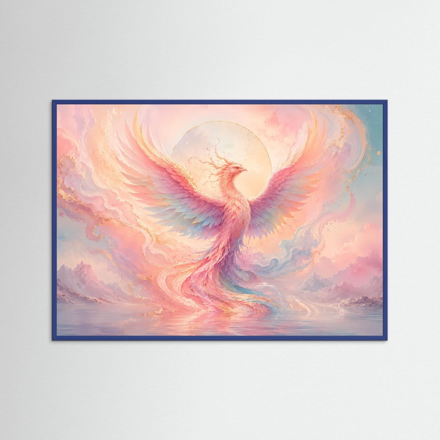 Phönix Poster Pastell | Mystischer Feuervogel Wandkunst | Abstrakte Fantasy Kunst | Elegantes Wandbild in Rosa & Gold