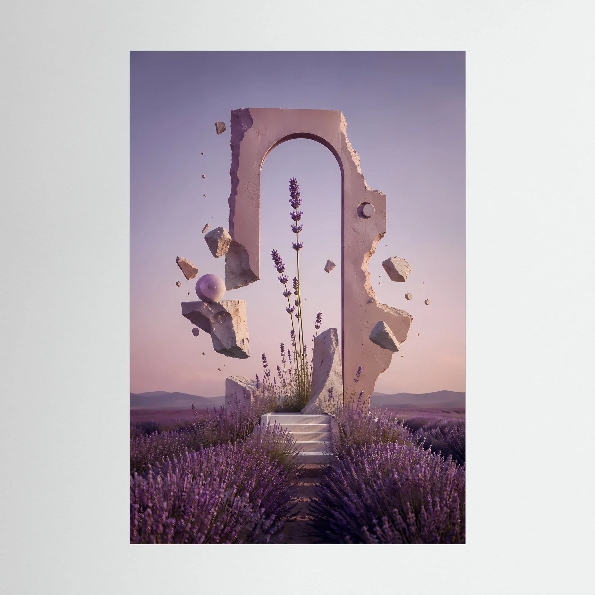 Hochformat-Poster mit Lavendelportal: Portalbogen, lavendelfarbene Ähren und Treppe