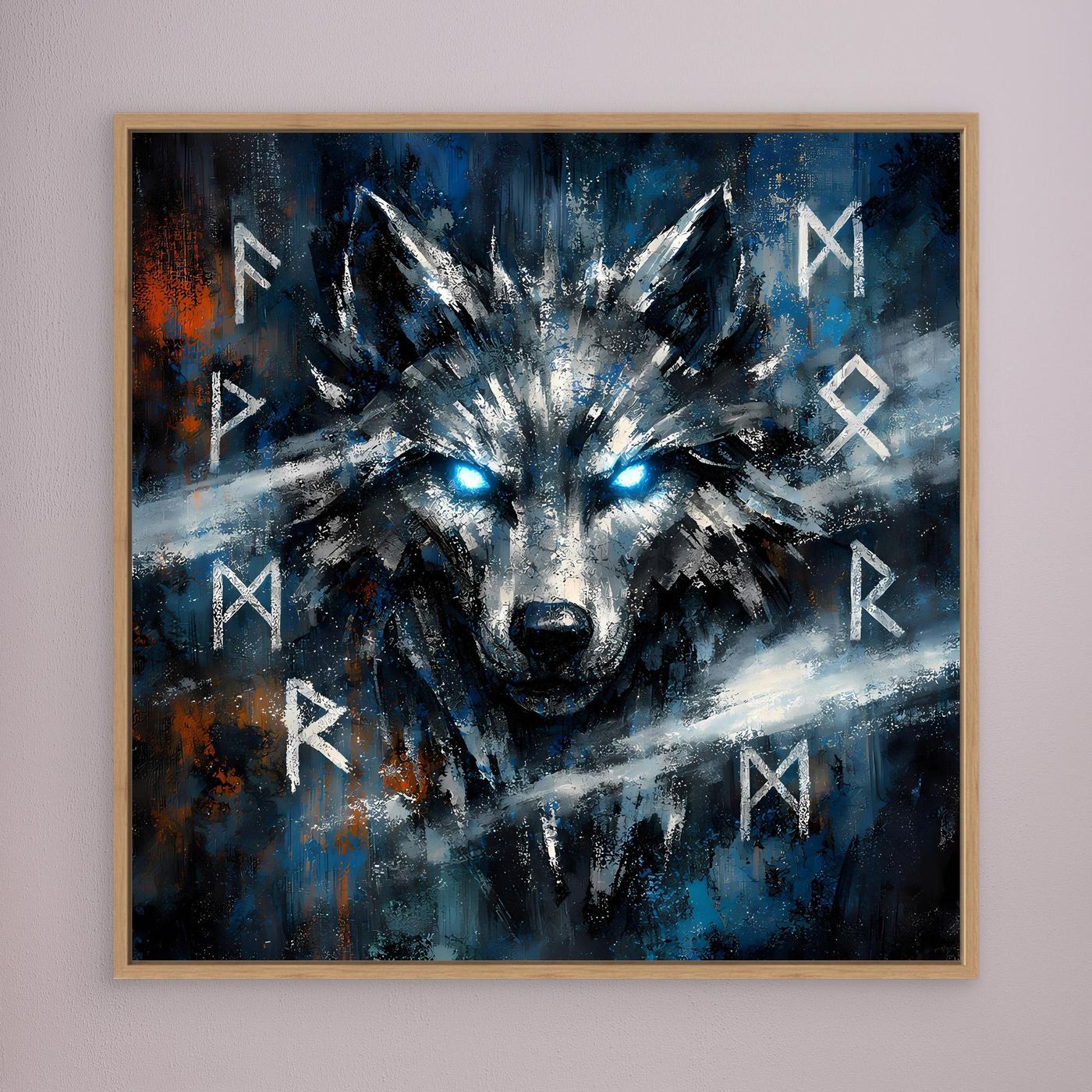 Gerahmtes Leinwandbild mit Wolfkopf in Blau-Schwarz und Runen, brauner Rahmen