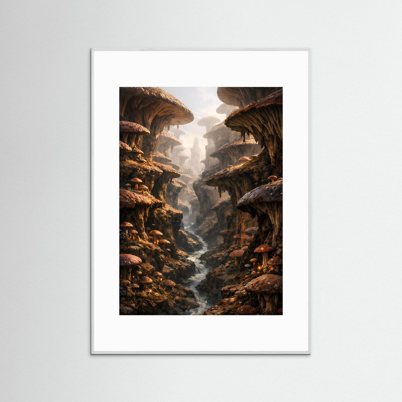 Fantasy-Poster im hellen Rahmen mit surreellem Canyon, Pilzhöhlen und dunstigem Wasserlauf