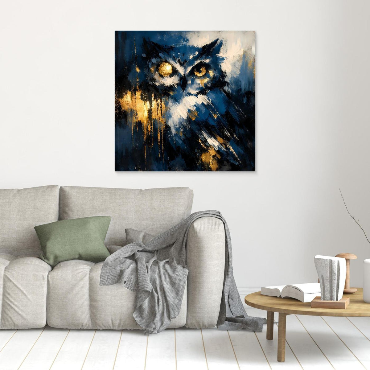 Abstraktes Eulen-Leinwandbild mit leuchtenden Augen in Blau und Gold, klein