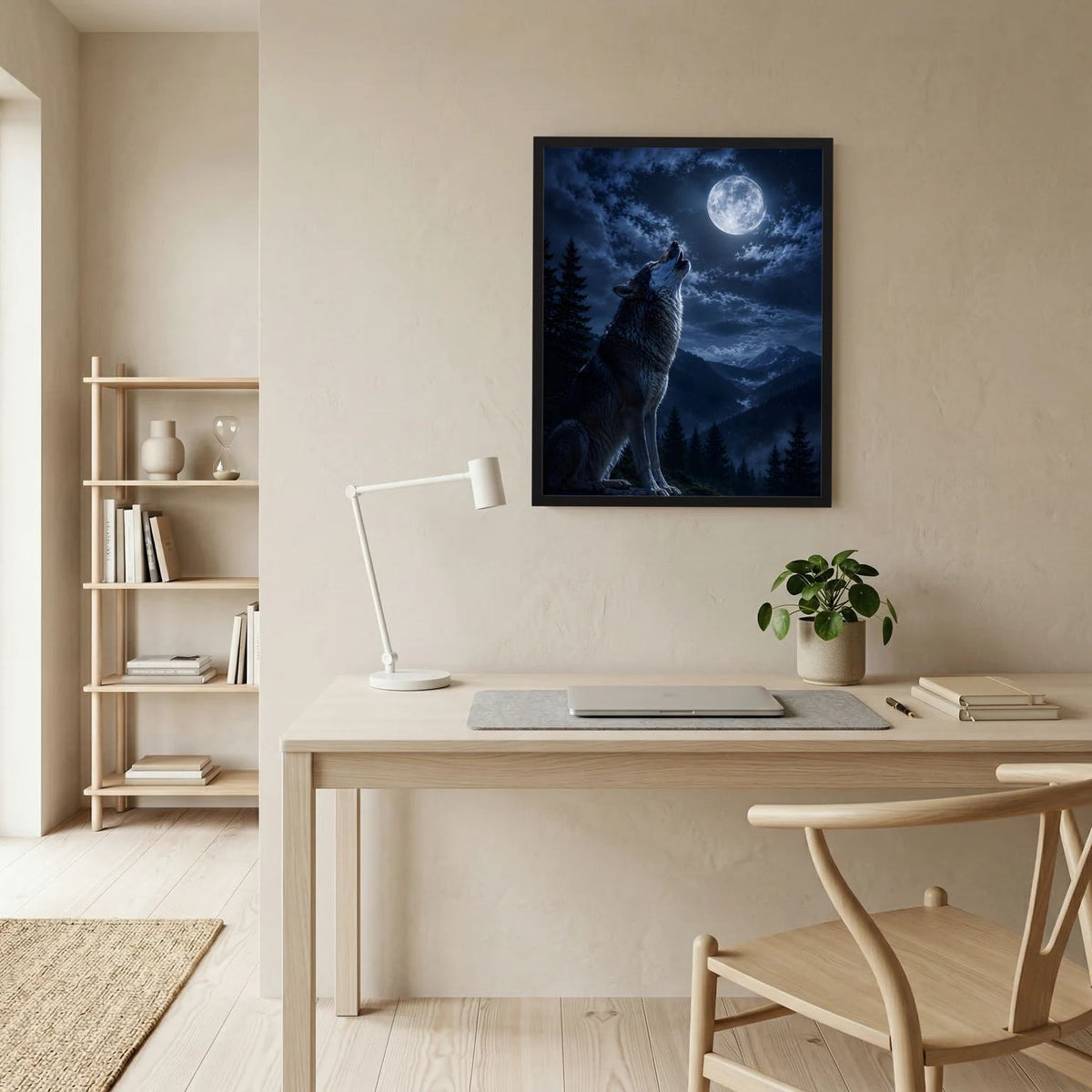 Wandbild mit heulendem Wolf bei Vollmond im schwarzen Rahmen an der Wand